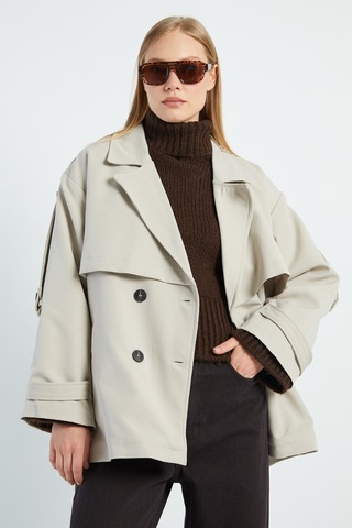 Fullamoda Beli Kemerli Kruvaze Yaka Oversize Trençkot Taş