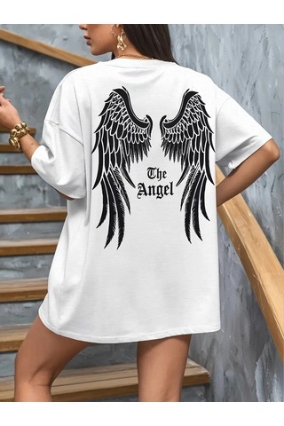 Primemagazam Kadın Kısa Kol Tişört Bisiklet Yaka Angel Melek Kanadı Baskılı T-shirt - Beyaz Çeşitli