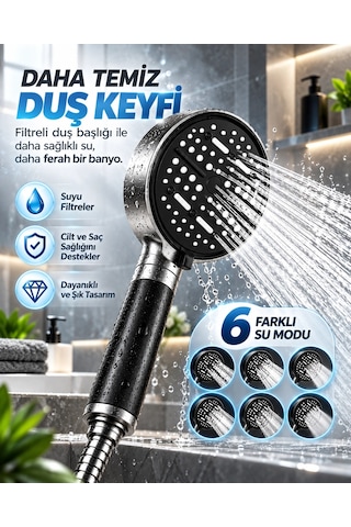 Kargo Büyük Panelli 6 Farklı Su Modlu Filtreli Duş Başlığı Siyah Metalik Tasarım Najmaddin Çok Renkli