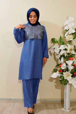 Deryam Tekstil Kadın Sofya Keten Tunik Pantolon Takımı Mavi 50 Beden Mavi
