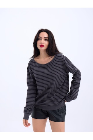 4215 Triko Çizgili Salaş Kazak-antrasit-siyah Altın