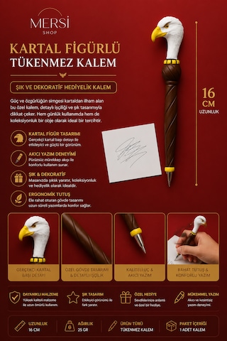 Kartal Figürlü 16 Cm Tükenmez Kalem Şık Ve Dekoratif Hediyelik Kalem Beyaz - Siyah