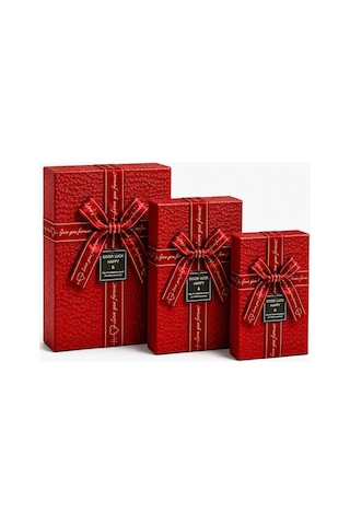 3 Lü Dikdörtgen Hediye Kutusu Seti Kırmızı Desenli Büyük Boy 16x23 Cm Orta Boy 14x21 Cm Küçük Boy 12x19 Cm Kapaklı Lüks Hediye Kutusu