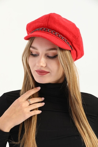 Kadın Kırmızı Zincirli Kaşe Ressam Şapka Kırmızı