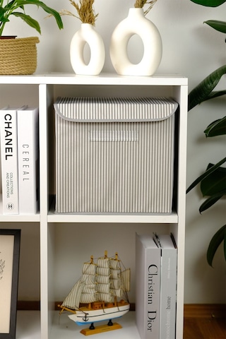 Gri Çizgili Kapaklı Ofis Yatak Odası Oyuncak Havlu Saklama Kutusu Düzenleyici 30x30x30 Gri