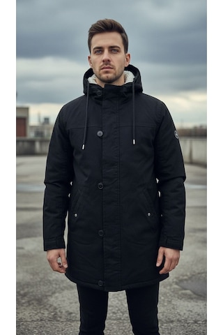 Plus Scorpion Siyah Erkek Gabardin Kapitone Astarlı Kaban Şık, Sıcak Ve Su Geçirmez Siyah