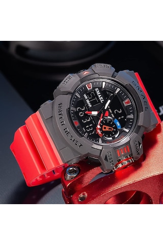 Reedark Smael Erkek Spor Saatleri 50m Su Geçirmez Kronometre Çift Zaman Alarmlı Led Işıklı Dijital Kol Saati Kırmızı
