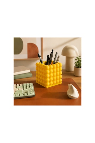 3dmarketi Baloncuk Desenli Sarı Kalemlik 9x9x10 Cm - Masa & Ofis Masası Kalemlik