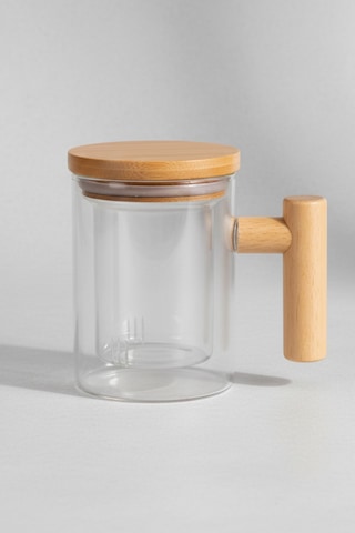 Ahşap Kulplu Ve Kapaklı Cam Süzgeçli Bitki Çayı Kupası 520 Ml Beyaz