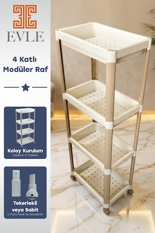 4 Katlı Tekerlekli Modüler Raf Ünitesi - Çok Amaçlı Mutfak Banyo Balkon Düzenleyici Beyaz