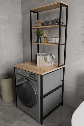 Zola Çamaşır Makinası Dolabı Çamaşır Makinası Üstü 3 Raflı Düzenleyici Metal Banyo Dolabı Meşe Bej