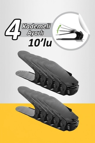 10 Adet Siyah 4 Kademeli Ayakkabı Rampası, Yükseklik Ayarlı Ayakkabılık Düzenleyici, Yer Tasarrufu Siyah