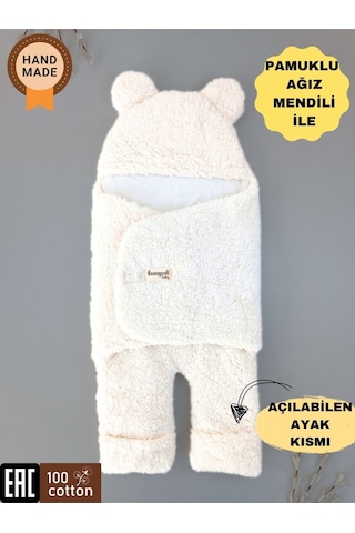 Bebek Dış Kundak Battaniyesi Welsoft Ekstra Uzun Kışlık Peluş Ayakları Açılabilen Uyku Tulumu 0-12ay Ekru