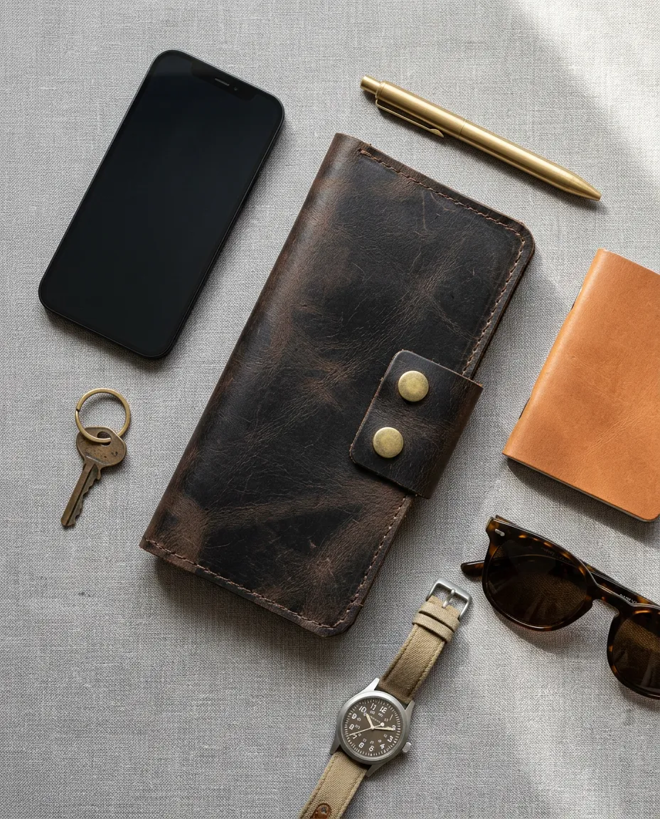 Natderi %100 Hakiki Deri Çıtçıtlı El Portföyü Cüzdan Telefon Bölmeli Cüzdan - 9x19 Cm Taba & Acı Kahve Acı Kahverengi
