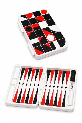 Mini Boy Geometrik Desenli Seyahat Tavlası Kapalı 13 X 22 Cm Açık 25,5 X 22 Cm Kırmızı Siyah