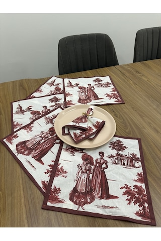 Toile De Jouy Paris Amerikan Servis 6 Lı Set 30x30 Cm %100 Pamuk Dijital Baskılı Klasik Fransız Tarzı Masa Dekoru - Zt720 Kırmızı