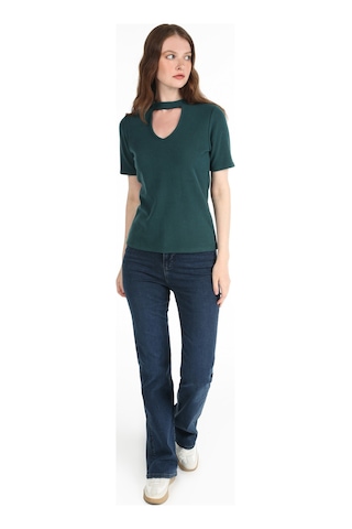 Colin's Colins Dar Kesim Yarım Balıkçı Yaka Yeşil Kadın Tshirt K.kol Cl1065127 Koyu Yeşil