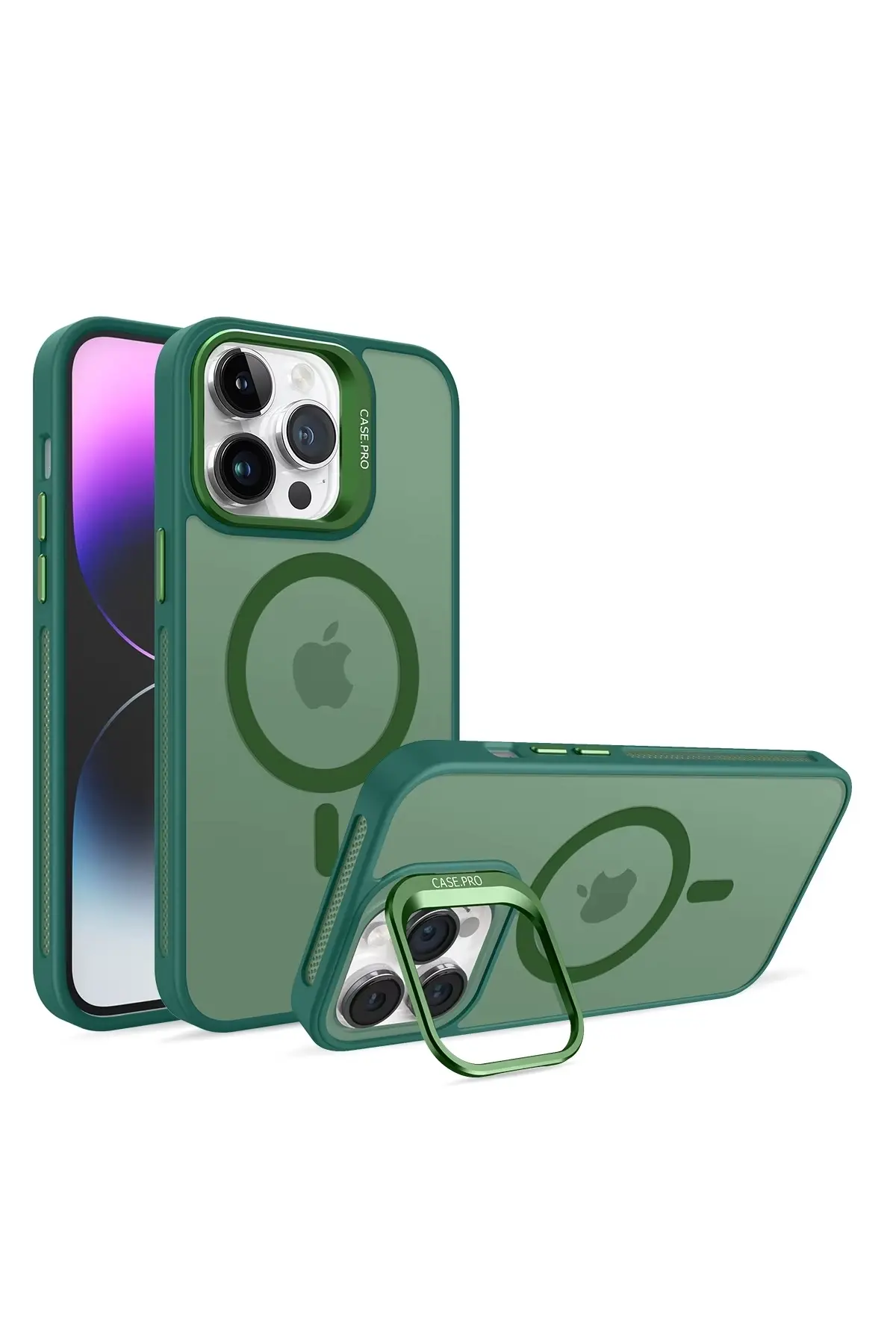 İphone 15 Pro Uyumlu Magsafe Kılıf Mıknatıslı Standlı Darbeye Dayanıklı Mat Şeffaf Arka Kapak Lens li Yeşil