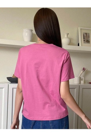 Trendy T-shirt - Pembe Oversize Baskılı Bisiklet Yaka Pembe