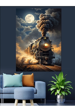 Ahşap Tablo Gece Vakti Işıldayan Eski Buharlı Tren
