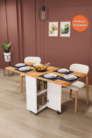 Lüks Katlanır Mutfak Yemek Masası %100 MDF Pratik Raflı Çalışma Masası KM11