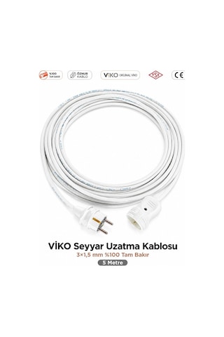 Viko Seyyar Uzatma Kablosu 5m 5 Metre 3x1.5 Mm %100 Bakır Öznur Kablo Viko Erkek Dişi Fiş Klemens Terminalli Topraklı Tse Ce Belgeli 5 M