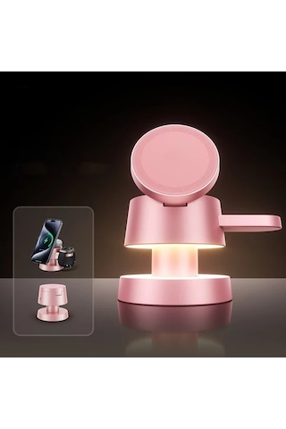Motion003 15w Pembe Hizli Sarjli Mantar Lamba 4u 1 Arada Kablosuz Sarj Cihazi Telefon Saat Ve Kulaklik Ayni Anda Sarj
