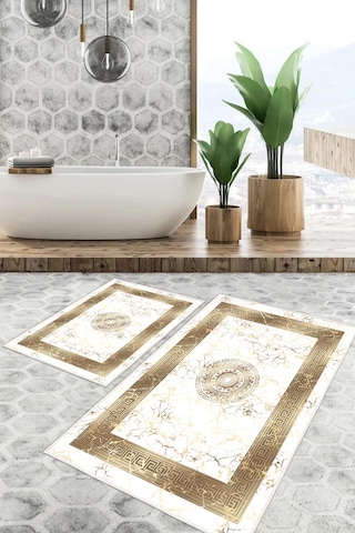 Dijital Baskı Mermer Desen Kaymaz Taban 2li Set Banyo Paspası Klozet Takımı 50x60cm-60x100cm Gold
