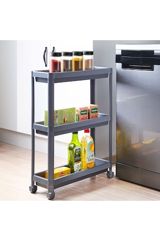 Slim 3 Katlı Tekerlekli Raf Ünitesi Beyaz, Banyo Rafı, Mutfak Rafı, Servis Sehpası, Organizer - Antrasit