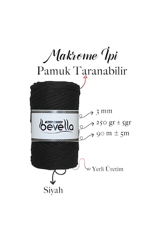 Taranan Makrome Ipi 3mm Taranabilir Pamuk Tek Büküm Makrome Ipi Siyah