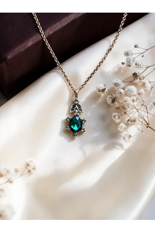 Oval Kristal Taşlı Kolye Yeşil