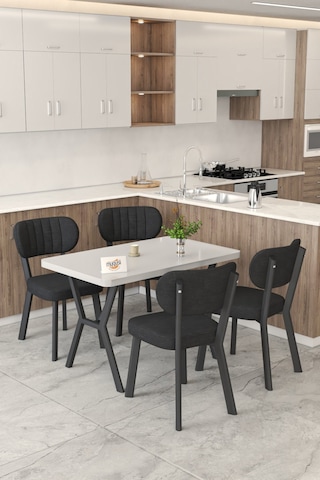 Gnr 70x110cm Sabit Beyaz Mutfak Masası Takımı, Yemek Masası, 4 Modern Siyah Sandalye Siyah