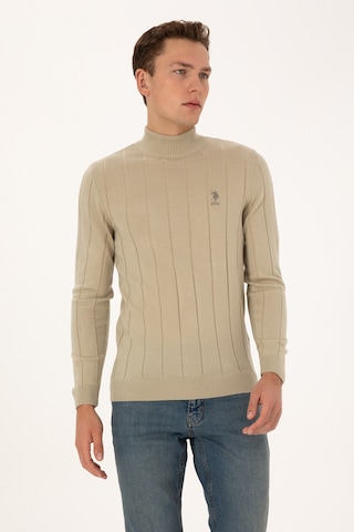 U.S. Polo Assn. Erkek Slim Fit Boğazlı Yaka Açık Haki Kazak 50315019-VR183