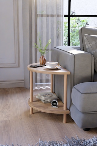 Modern Ahşap İki Raflı Koltuk Yanı Sehpa Çevirmeli Kurulum Salon Yan Sehpası Atlantik Çam