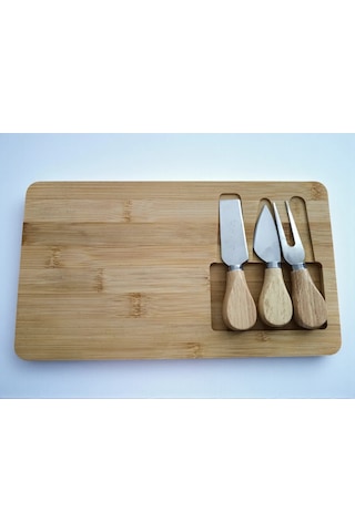 Doğal Bambu Bıçaklı Peynir Servis Sunum Tabağı Kahvaltı Sunum Tahtası Seti 4 Parça 30x17 Cm Kahverengi