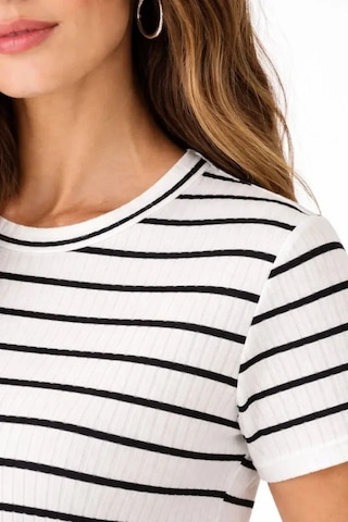 De'charme Çizgili Yazlık Triko T-shirt Bisiklet Yaka Rahat Kalıp Tişört - Beyaz
