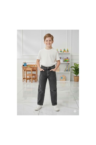 Erdem Kıds Erkek Çocuk Pamuklu Beli Lastikli Baggy Jean Pantolon Rahat Kalıp Geniş Bol Paça Kot Pantolon Füme Gri Füme Gri