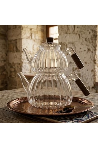 Akasya Cam Çaydanlık Takımı 1500 Ml + 600 Ml - Ahşap Kulplu, Çizgili Tasarım Isıya Dayanıklı Borosilikat Şeffaf Çaydanlık 1