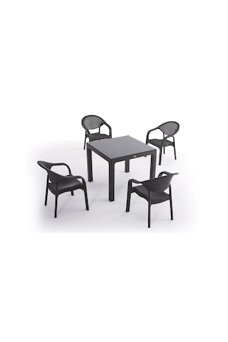 4 Adet Bambu Sandalye 90x90 Cm Camlı Masa Acı Kahverengi