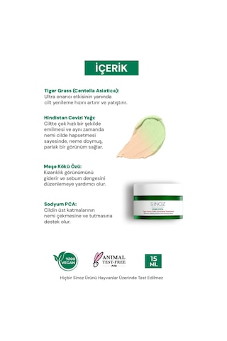 Sinoz Pure Cica Tiger Grass Ton Eşitleyici Yoğun Onarıcı ve Yatıştırıcı Yüz Kremi 15 ML