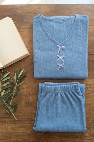 Aura Collections Kadın Bambu Viskon Transfer Ribana Kısa Kollu Düğmeli Pijama Takımı Mavi