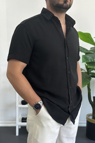 Erkek Kısa Kollu Keten Görünümlü Gömlek Siyah Edw389 Siyah