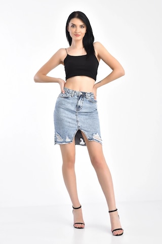 Açık Mavi Lazerli Yırtıklı Kar Yıkama Kot Etek 001