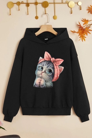 Çocuk Sevimli Kedi Baskılı Sweatshirt Siyah