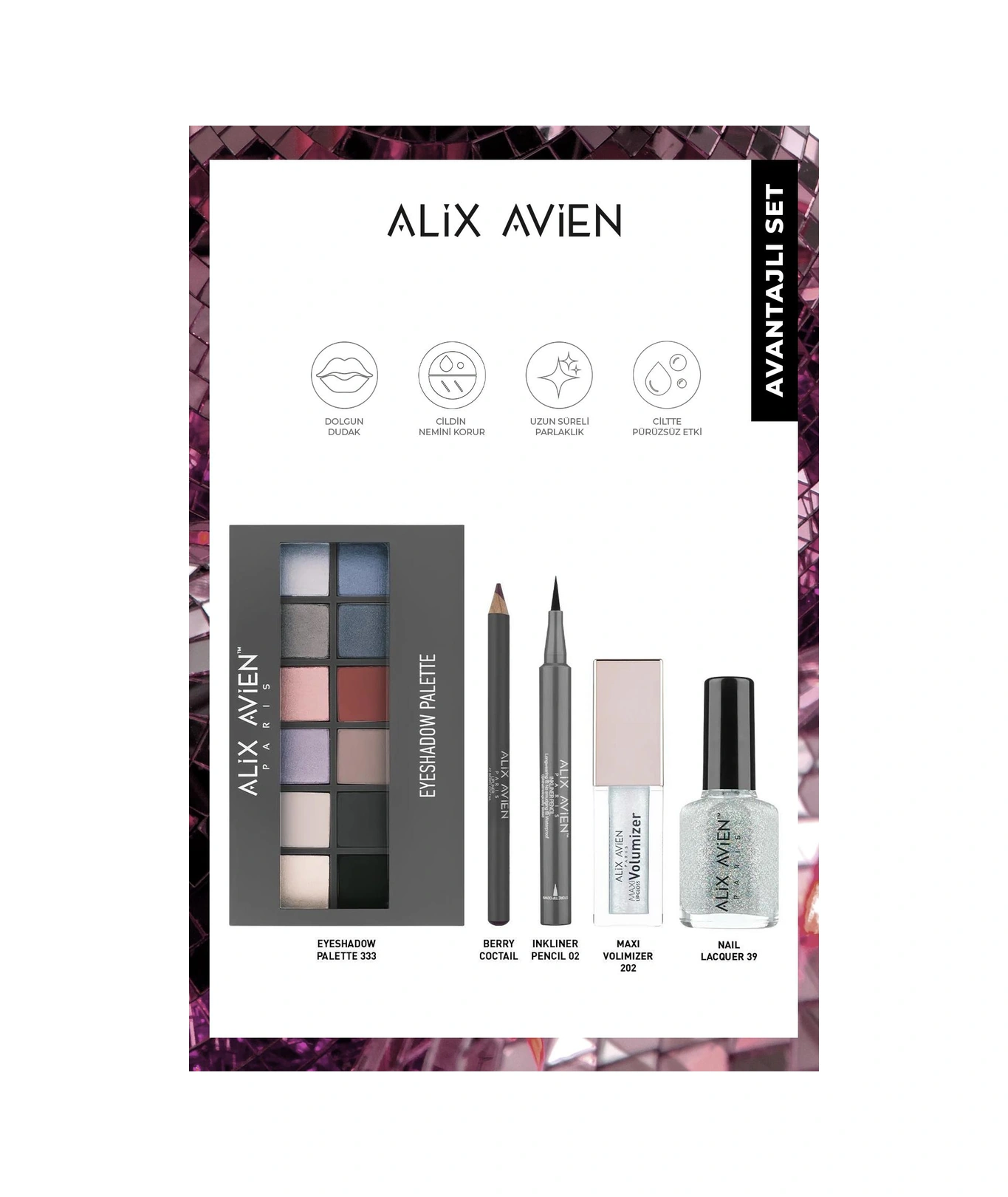 Alix Avien Yoğun Pigment Veren Kalıcı Işıltı Ve Parlaklık Sağlayan Dolgunlaştırıcı Simli Makyaj Seti