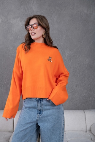 Kadın Dik Yaka Oversize Nakışlı Triko Kazak Turuncu