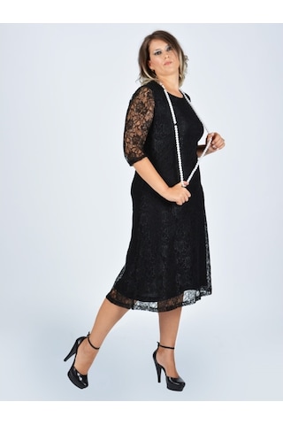 Nidya Moda Büyük Beden Sıfır Yaka Dantel Elbise-4036S Çok Renkli