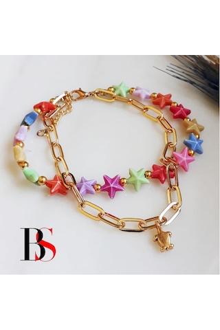 Altın Kaplama Zincir & Kaplumbağa Kadın Yıldız İkili Halhal Çok Renkli