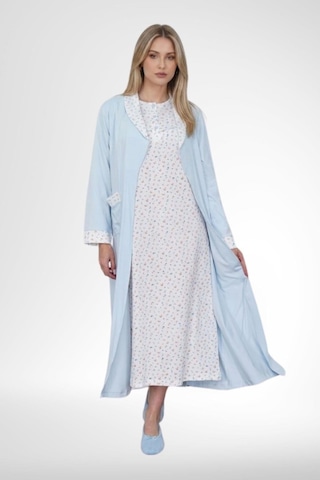 Mecit Pijama Mecit 6382 Mavi Kadın Uzun Sabahlıklı Uzun Kollu Gecelik Takım