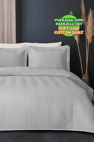 Evlen Home Ross %100 Pamuk Tek Kişilik Yatak Örtüsü Pike Takımı Kapitone Çizgili Günlük Yıkanabilir Gri Gri